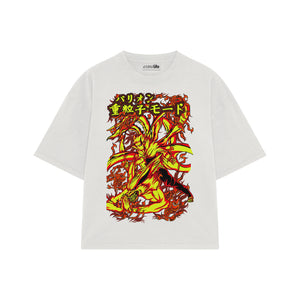 Playera streetwear premium de anime y gaming ExtraLife MX, corte boxy oversized drop shoulder heavyweight en color Deep Black y Off-White, moda urbana mexicana de culto.