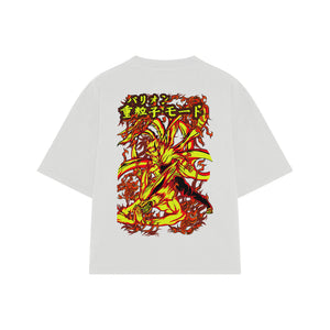 Playera streetwear premium de anime y gaming ExtraLife MX, corte boxy oversized drop shoulder heavyweight en color Deep Black y Off-White, moda urbana mexicana de culto.