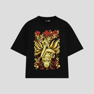 Playera streetwear premium de anime y gaming ExtraLife MX, corte boxy oversized drop shoulder heavyweight en color Deep Black y Off-White, moda urbana mexicana de culto.