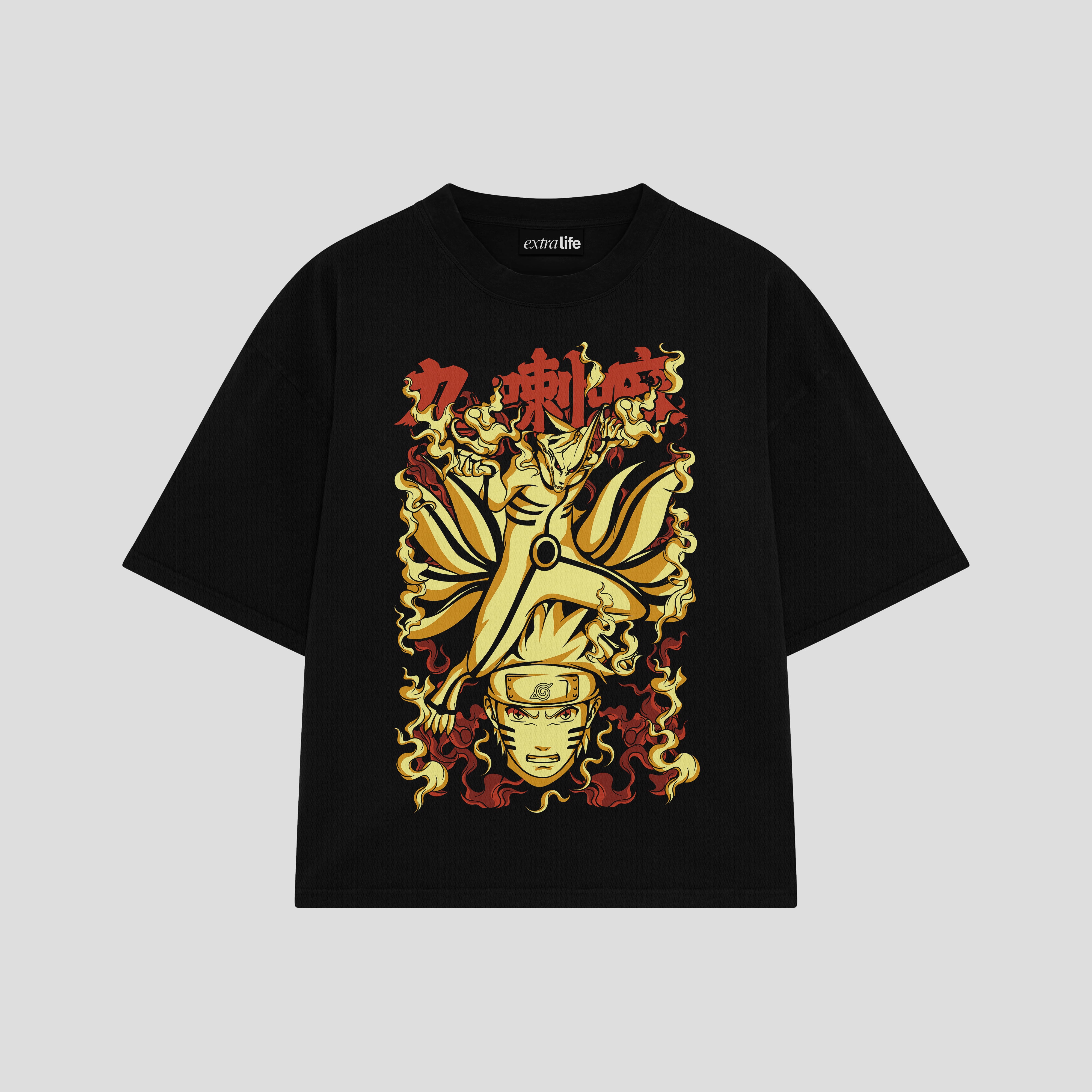 Playera streetwear premium de anime y gaming ExtraLife MX, corte boxy oversized drop shoulder heavyweight en color Deep Black y Off-White, moda urbana mexicana de culto.