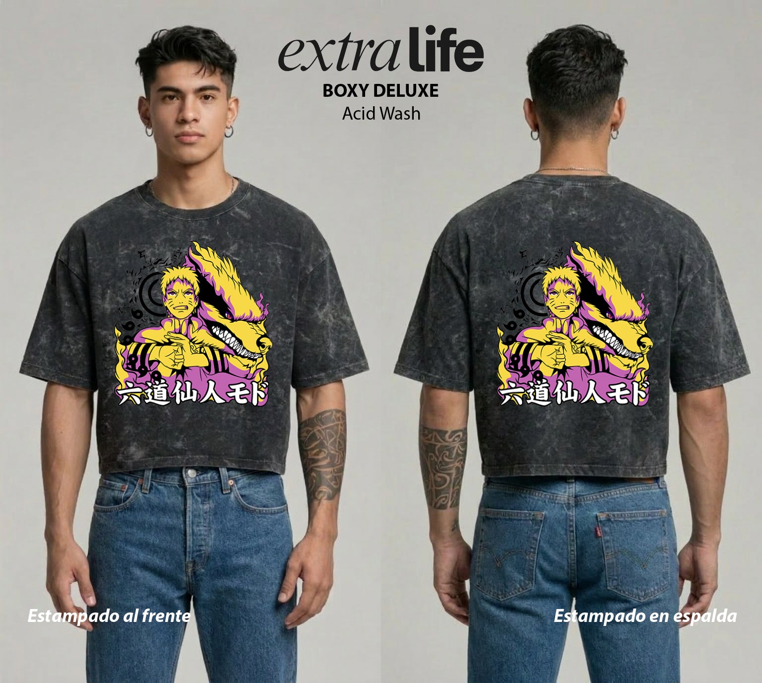 Playera streetwear premium de anime y gaming ExtraLife MX, corte boxy deluxe mineral wash heavyweight en color Acid Wash, moda urbana mexicana de culto.