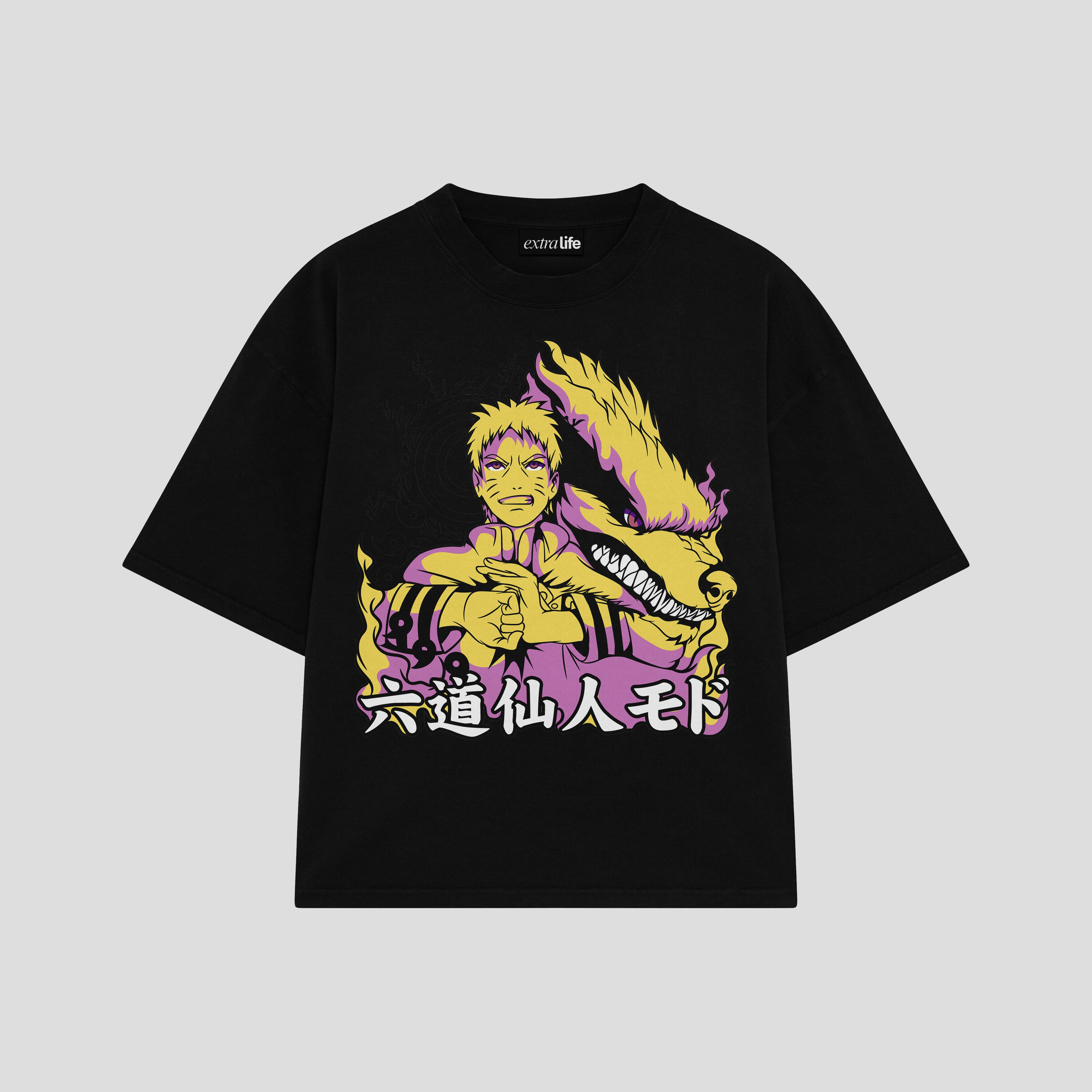 Playera streetwear premium de anime y gaming ExtraLife MX, corte boxy oversized drop shoulder heavyweight en color Deep Black y Off-White, moda urbana mexicana de culto.
