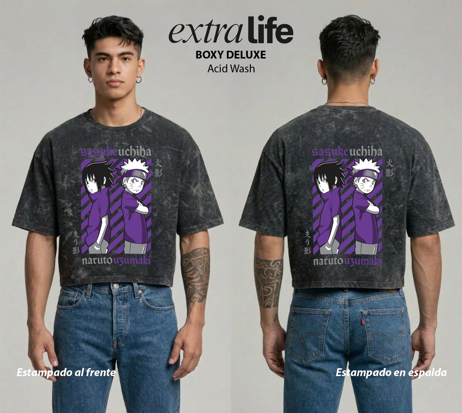 Playera streetwear premium de anime y gaming ExtraLife MX, corte boxy deluxe mineral wash heavyweight en color Acid Wash, moda urbana mexicana de culto.