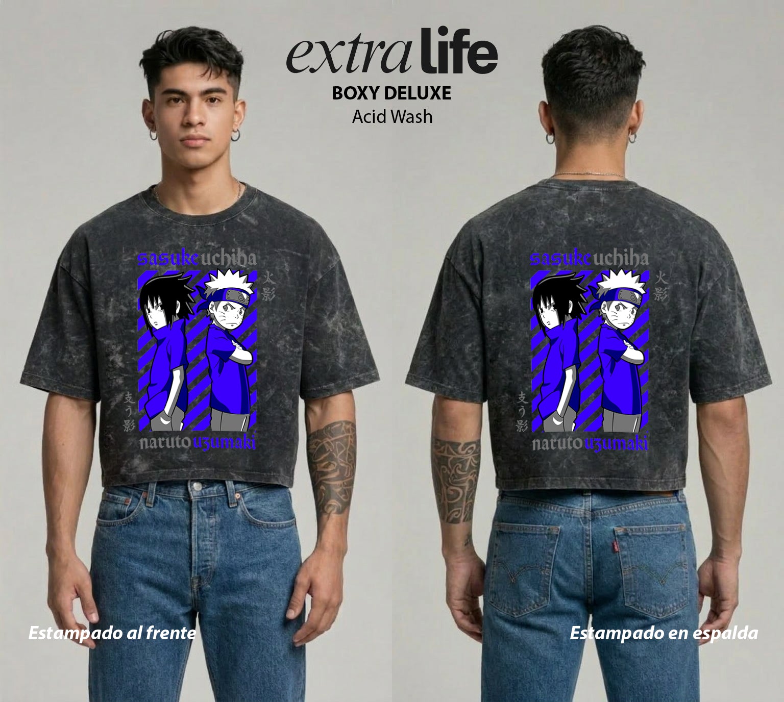 Playera streetwear premium de anime y gaming ExtraLife MX, corte boxy deluxe mineral wash heavyweight en color Acid Wash, moda urbana mexicana de culto.