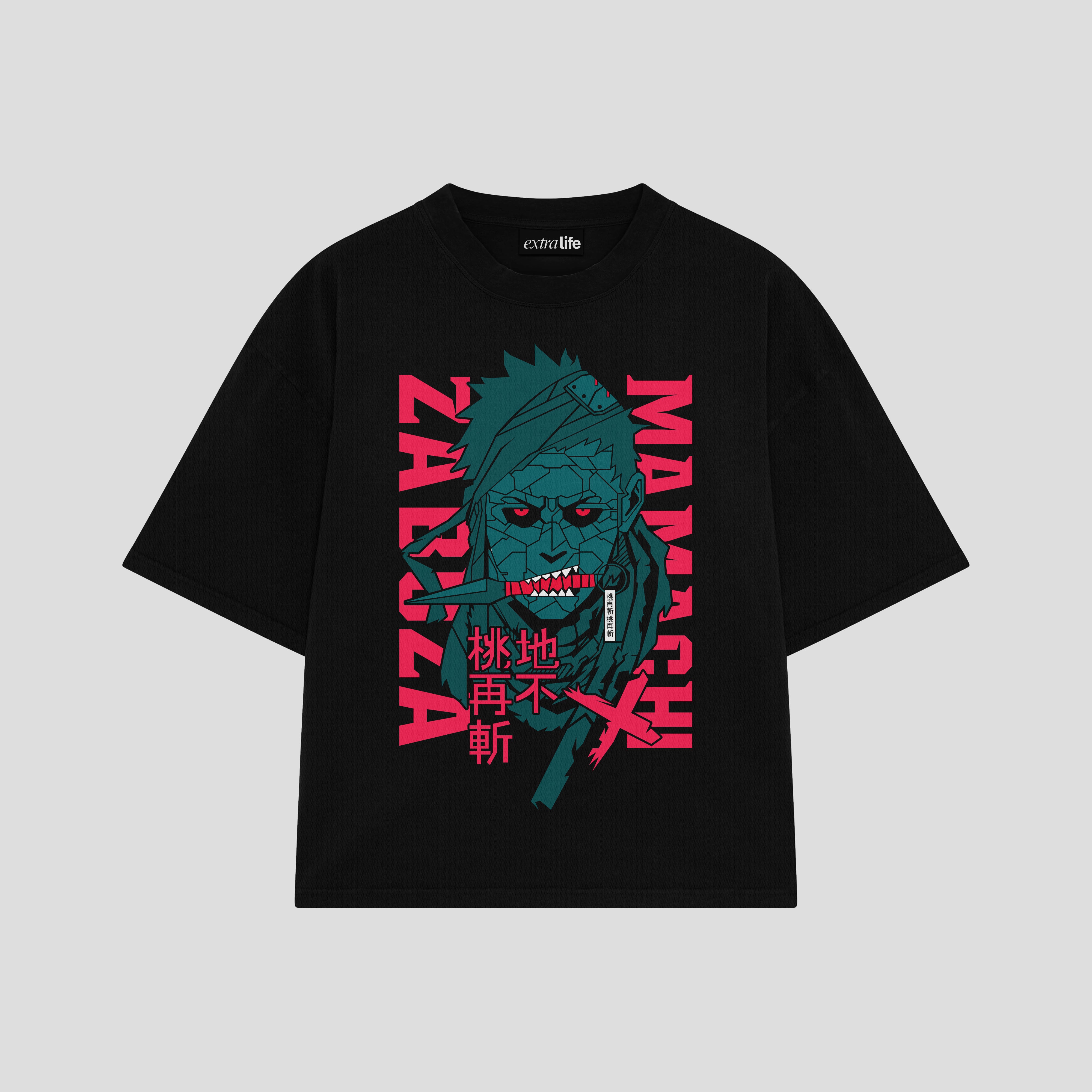 Playera streetwear premium de anime y gaming ExtraLife MX, corte boxy oversized drop shoulder heavyweight en color Deep Black y Off-White, moda urbana mexicana de culto.