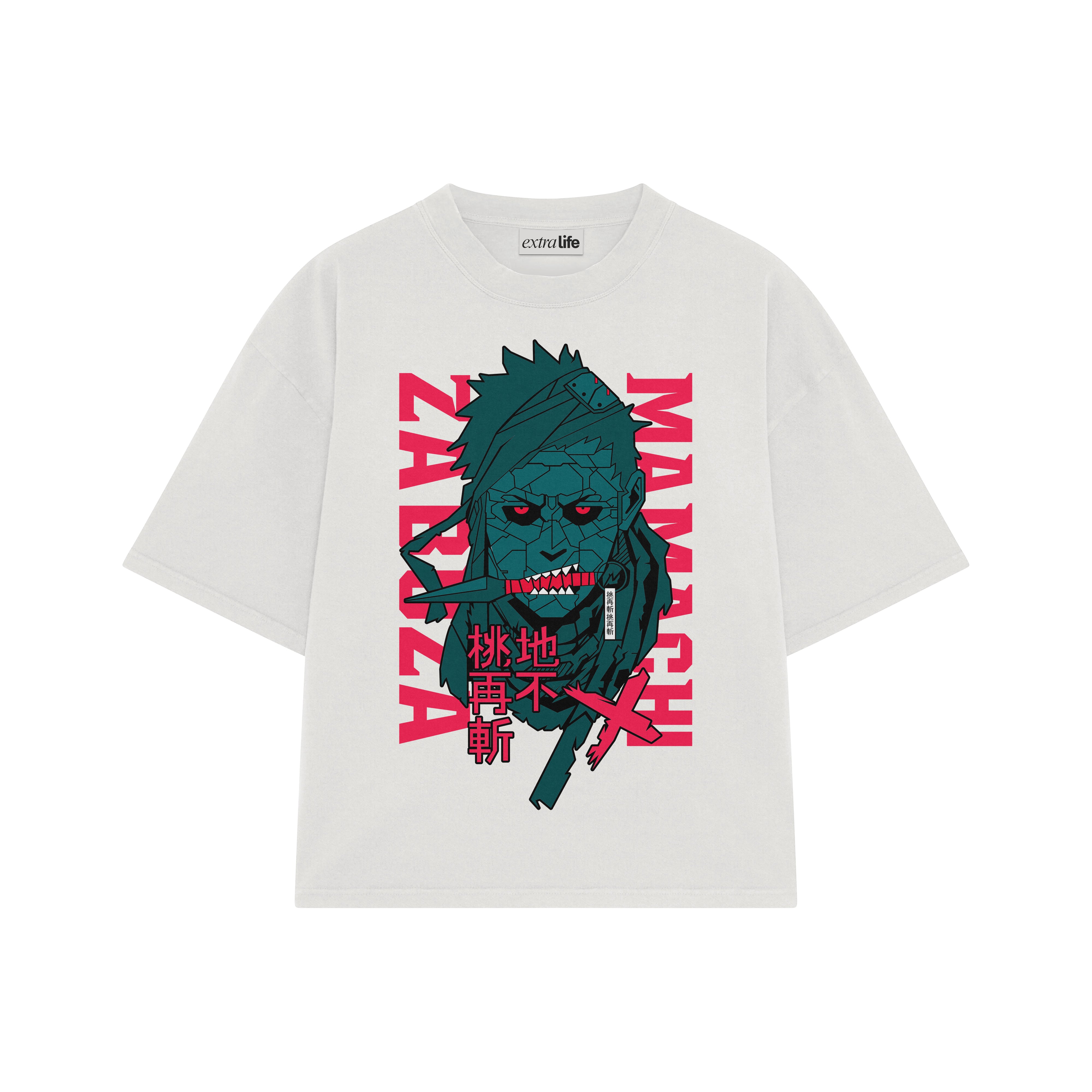 Playera streetwear premium de anime y gaming ExtraLife MX, corte boxy oversized drop shoulder heavyweight en color Deep Black y Off-White, moda urbana mexicana de culto.