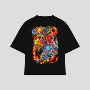 Playera streetwear premium de anime y gaming ExtraLife MX, corte boxy oversized drop shoulder heavyweight en color Deep Black y Off-White, moda urbana mexicana de culto.