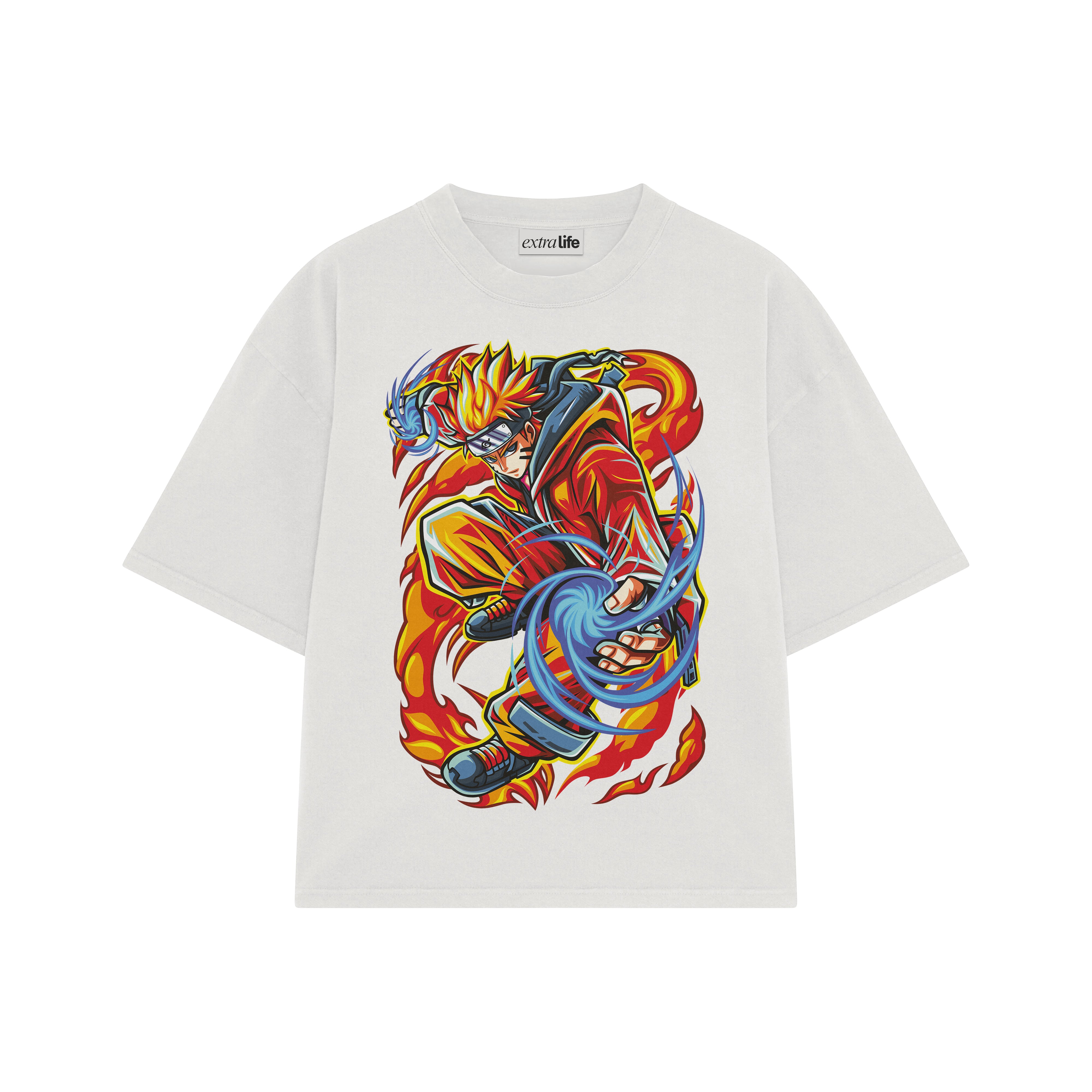 Playera streetwear premium de anime y gaming ExtraLife MX, corte boxy oversized drop shoulder heavyweight en color Deep Black y Off-White, moda urbana mexicana de culto.