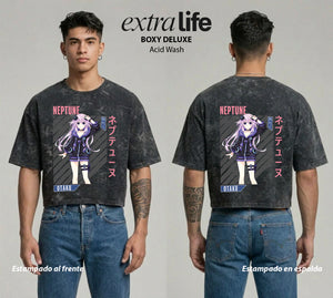 Playera streetwear premium de anime y gaming ExtraLife MX, corte boxy deluxe mineral wash heavyweight en color Acid Wash, moda urbana mexicana de culto.