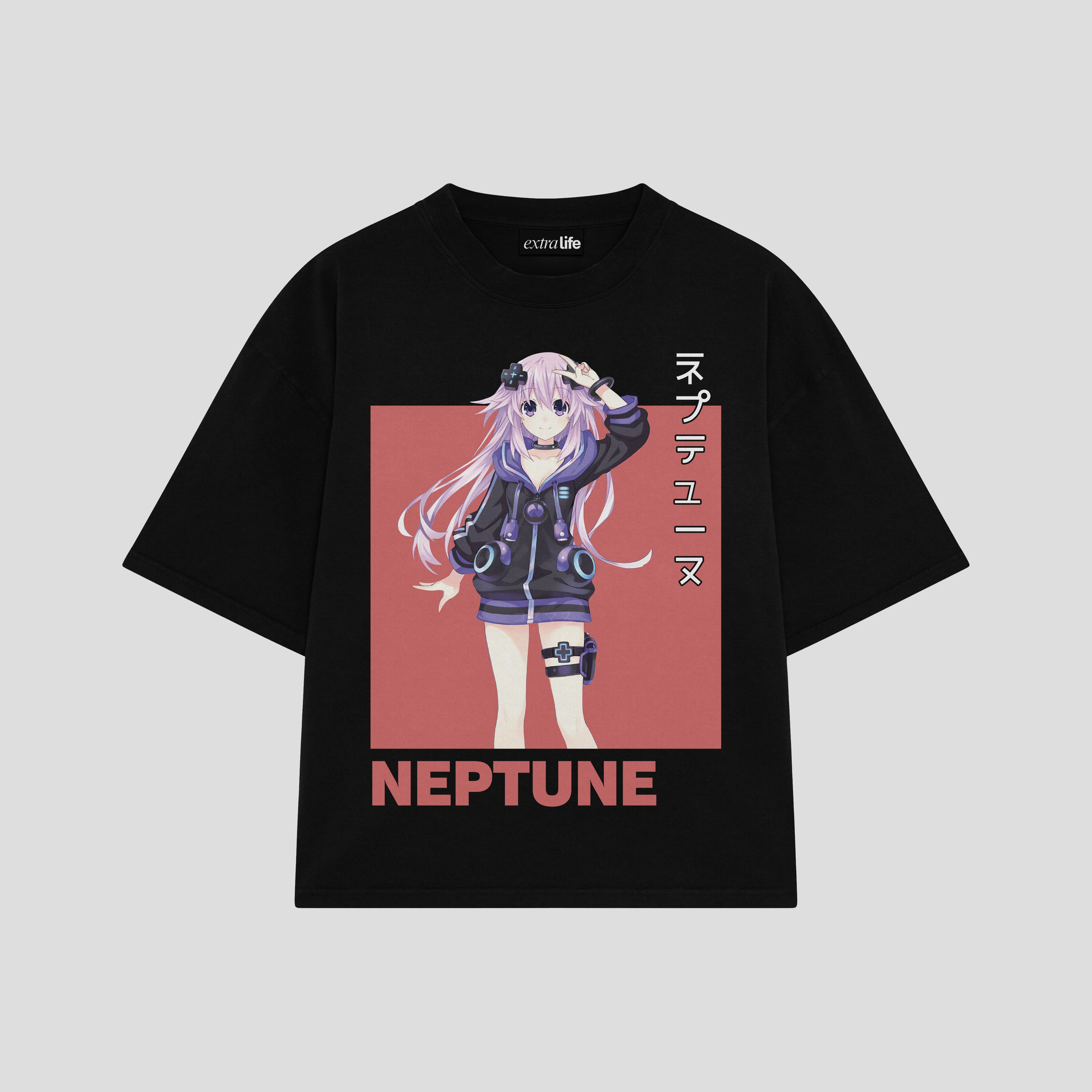 Playera streetwear premium de anime y gaming ExtraLife MX, corte boxy oversized drop shoulder heavyweight en color Deep Black y Off-White, moda urbana mexicana de culto.