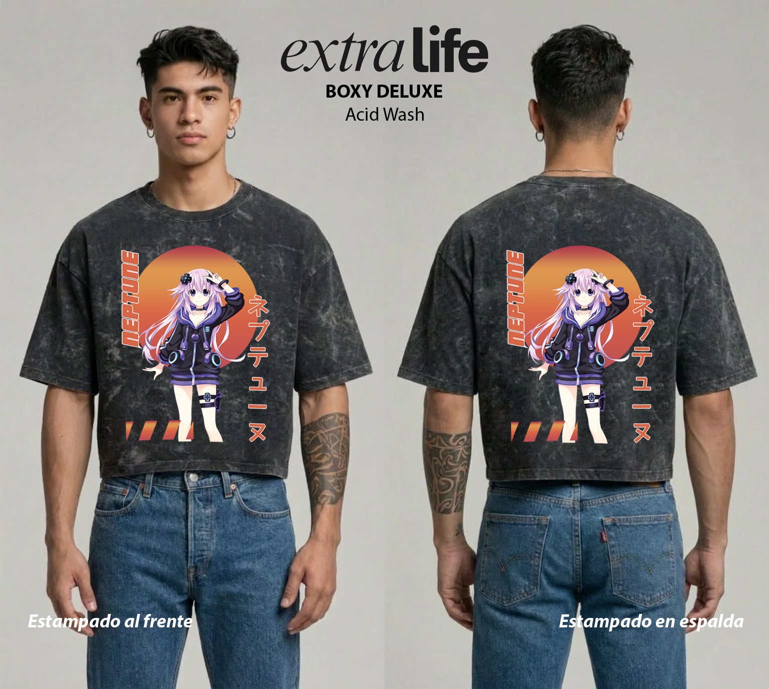 Playera streetwear premium de anime y gaming ExtraLife MX, corte boxy deluxe mineral wash heavyweight en color Acid Wash, moda urbana mexicana de culto.