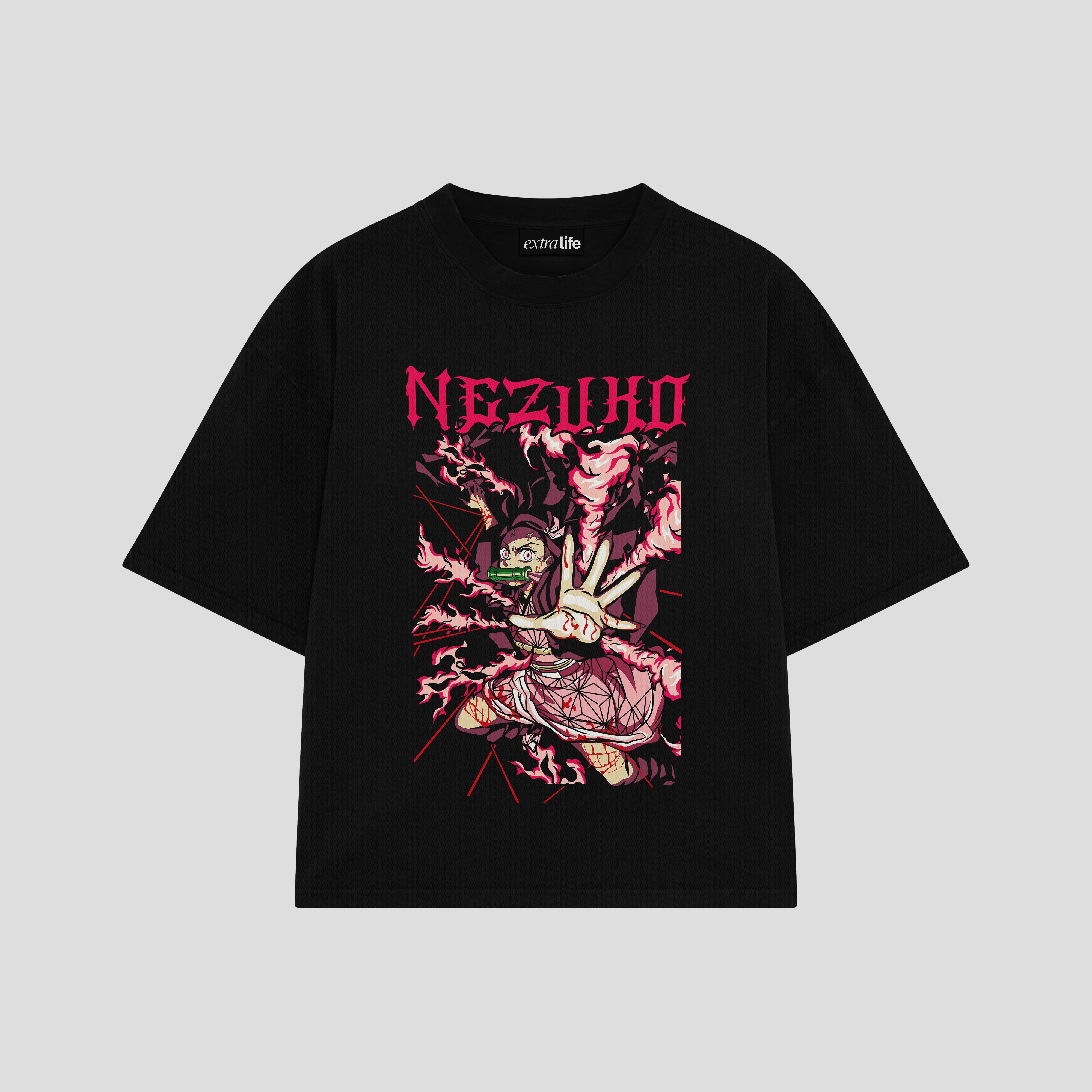 Playera streetwear premium de anime y gaming ExtraLife MX, corte boxy oversized drop shoulder heavyweight en color Deep Black y Off-White, moda urbana mexicana de culto.