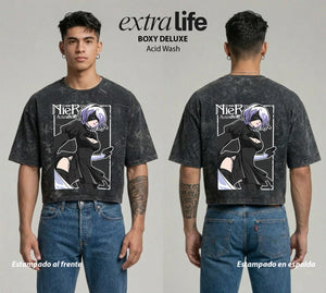 Playera streetwear premium de anime y gaming ExtraLife MX, corte boxy deluxe mineral wash heavyweight en color Acid Wash, moda urbana mexicana de culto.