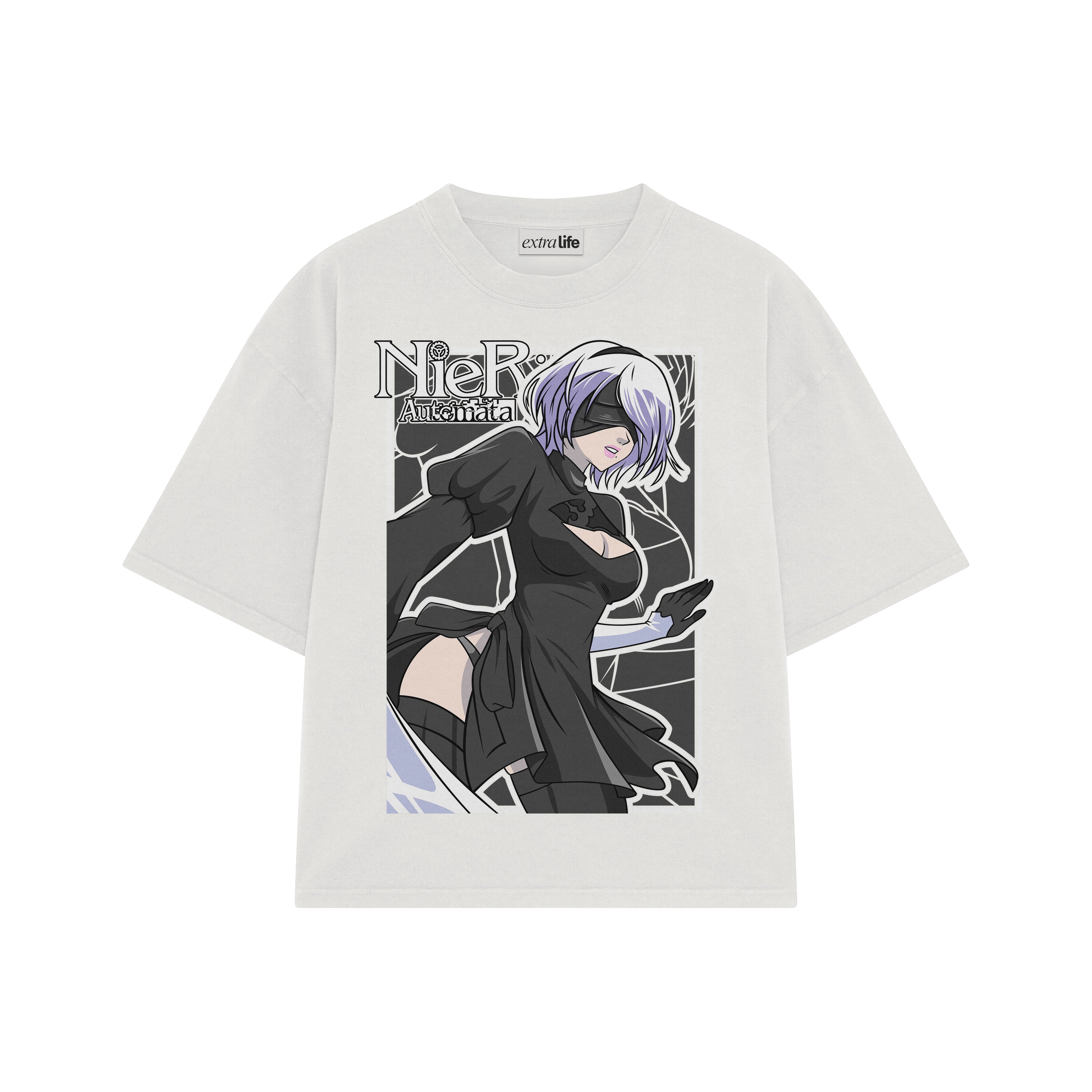 Playera streetwear premium de anime y gaming ExtraLife MX, corte boxy oversized drop shoulder heavyweight en color Deep Black y Off-White, moda urbana mexicana de culto.