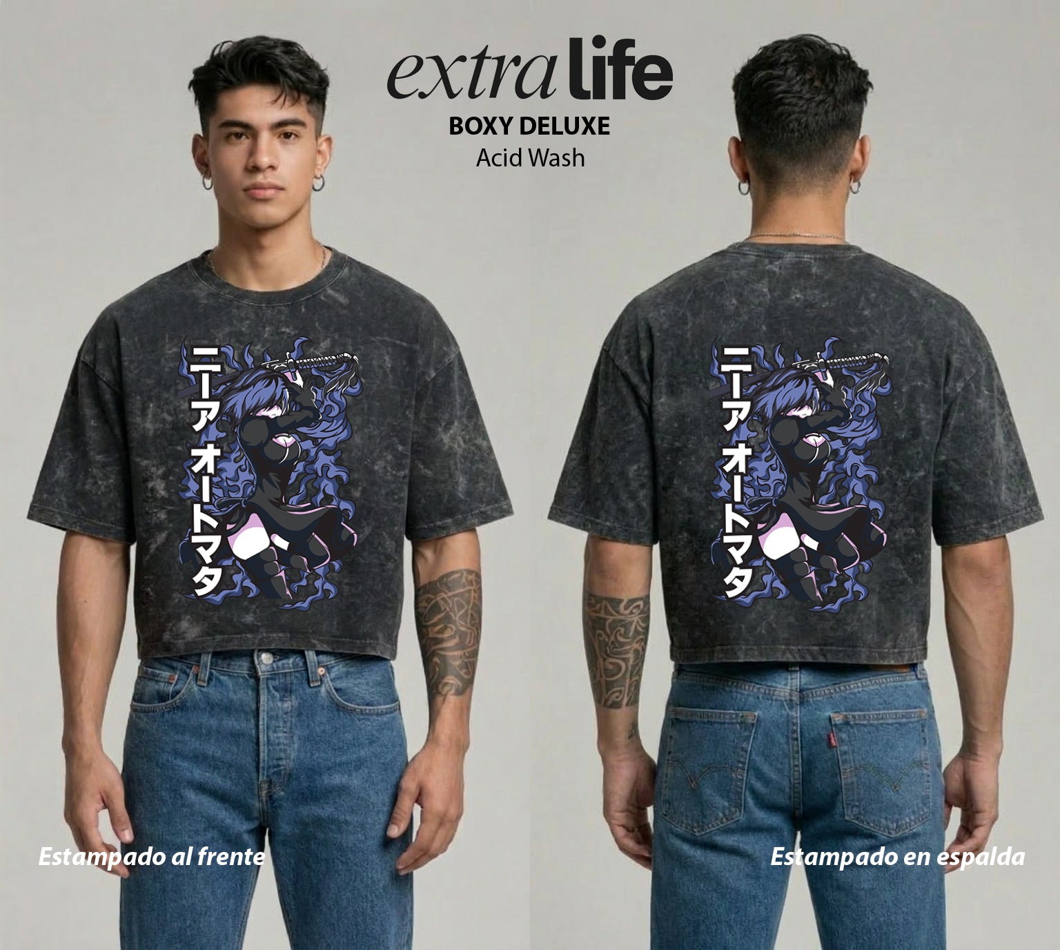 Playera streetwear premium de anime y gaming ExtraLife MX, corte boxy deluxe mineral wash heavyweight en color Acid Wash, moda urbana mexicana de culto.