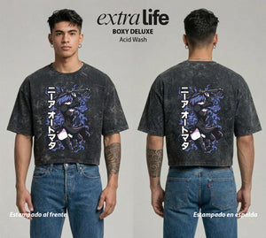 Playera streetwear premium de anime y gaming ExtraLife MX, corte boxy deluxe mineral wash heavyweight en color Acid Wash, moda urbana mexicana de culto.