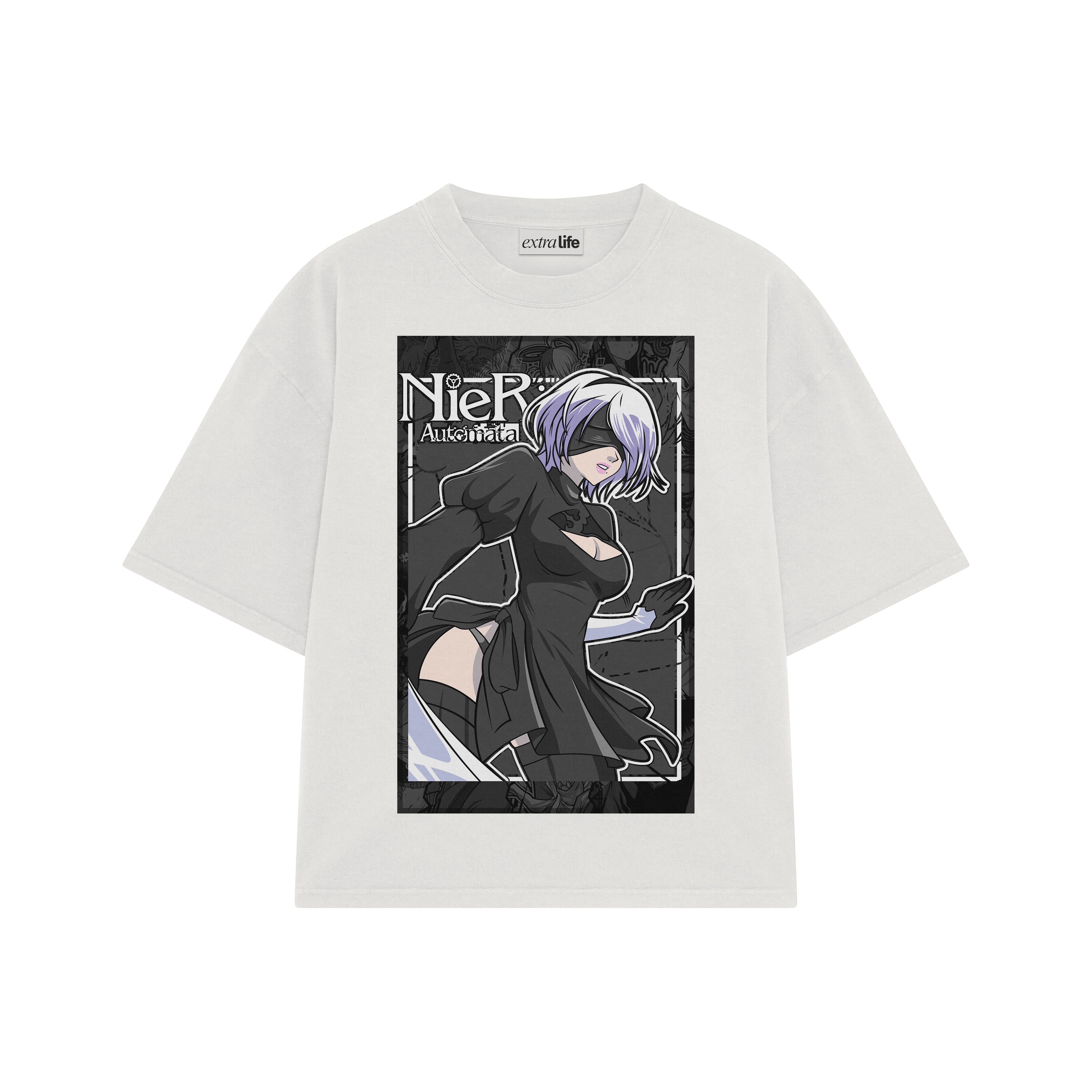 Playera streetwear premium de anime y gaming ExtraLife MX, corte boxy oversized drop shoulder heavyweight en color Deep Black y Off-White, moda urbana mexicana de culto.