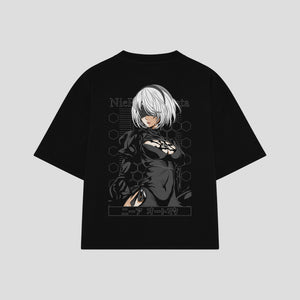 Playera streetwear premium de anime y gaming ExtraLife MX, corte boxy oversized drop shoulder heavyweight en color Deep Black y Off-White, moda urbana mexicana de culto.