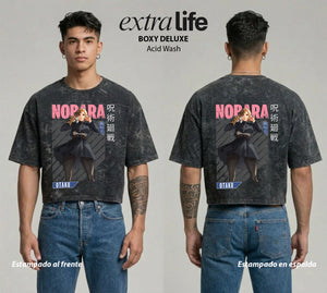 Playera streetwear premium de anime y gaming ExtraLife MX, corte boxy deluxe mineral wash heavyweight en color Acid Wash, moda urbana mexicana de culto.
