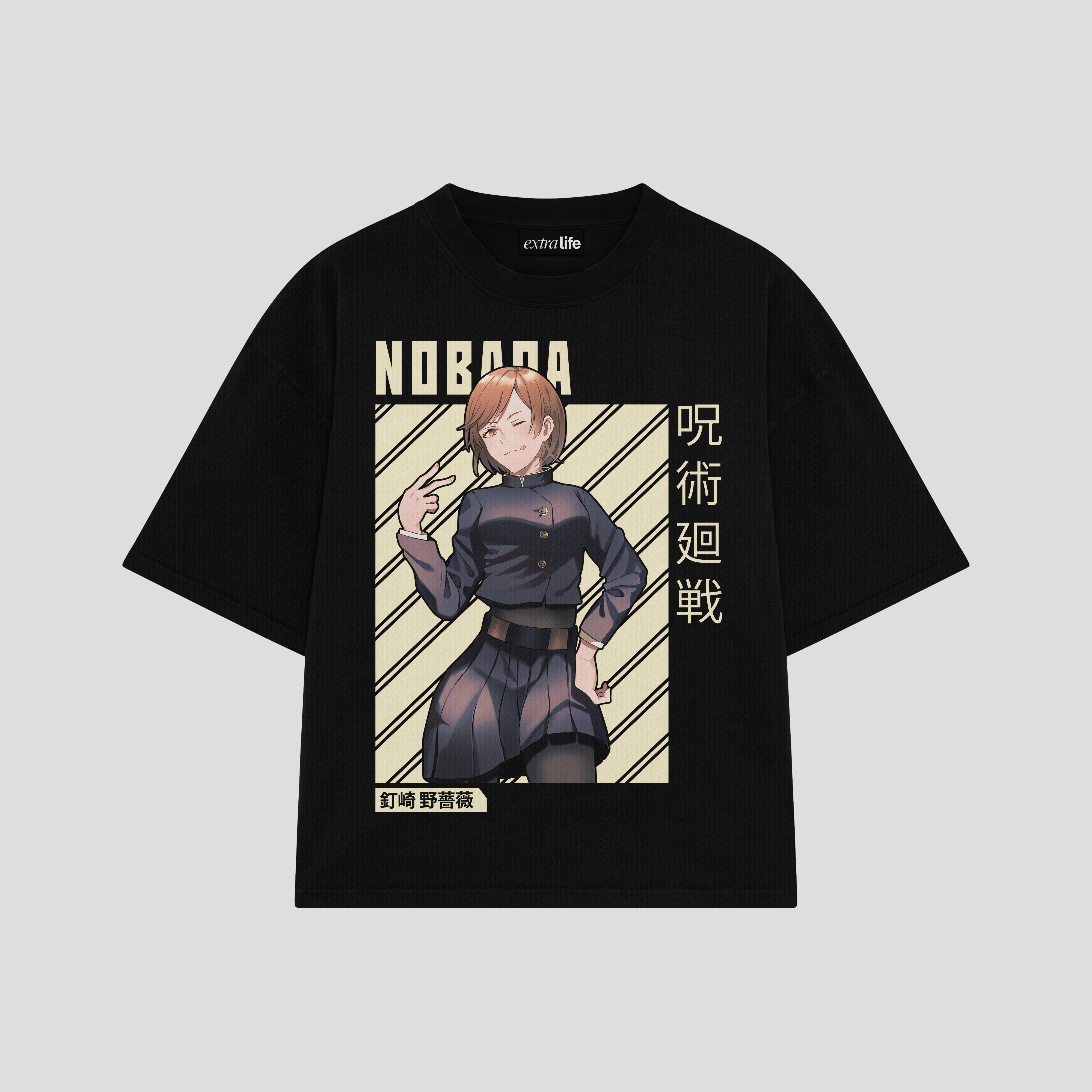 Playera streetwear premium de anime y gaming ExtraLife MX, corte boxy oversized drop shoulder heavyweight en color Deep Black y Off-White, moda urbana mexicana de culto.