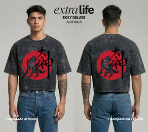 Playera streetwear premium de anime y gaming ExtraLife MX, corte boxy deluxe mineral wash heavyweight en color Acid Wash, moda urbana mexicana de culto.