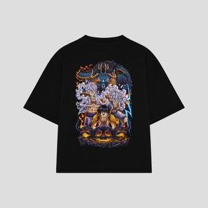 Playera streetwear premium de anime y gaming ExtraLife MX, corte boxy oversized drop shoulder heavyweight en color Deep Black y Off-White, moda urbana mexicana de culto.