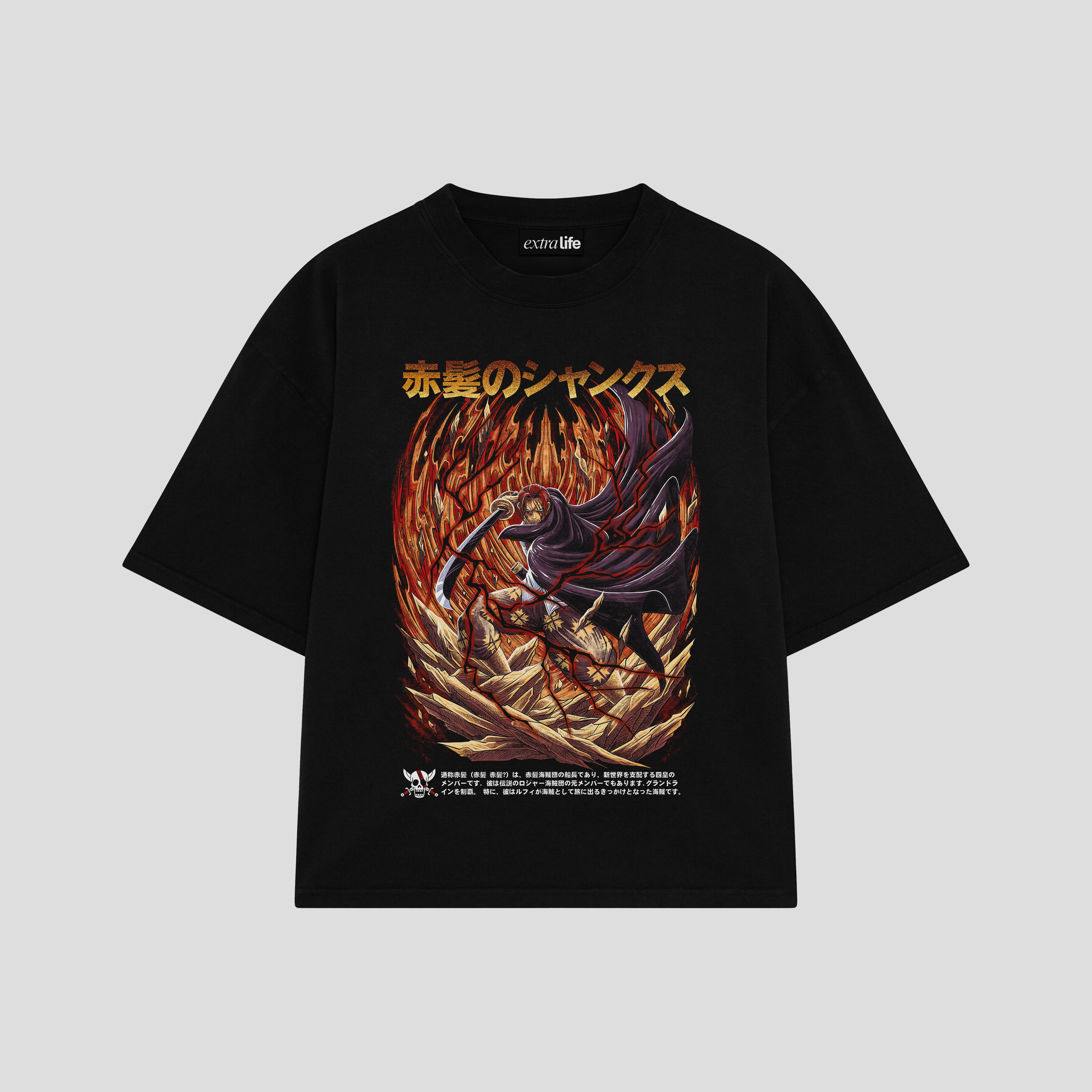 Playera streetwear premium de anime y gaming ExtraLife MX, corte boxy oversized drop shoulder heavyweight en color Deep Black y Off-White, moda urbana mexicana de culto.