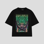 Playera streetwear premium de anime y gaming ExtraLife MX, corte boxy oversized drop shoulder heavyweight en color Deep Black y Off-White, moda urbana mexicana de culto.