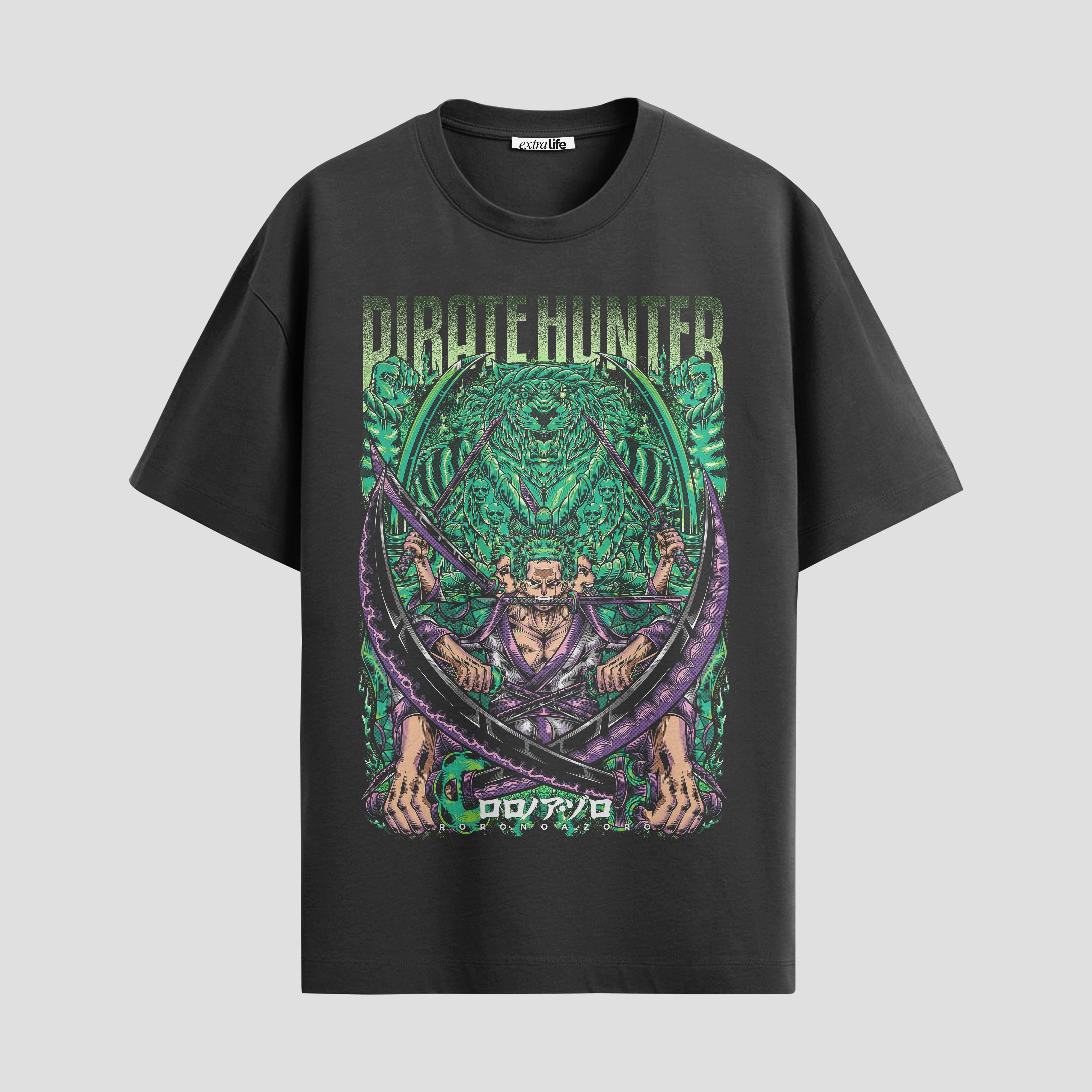 Playera urbana de anime y gaming ExtraLife MX, corte Standard Fit unisex ligero y transpirable en color Deep Black y Pure White, ropa de uso diario para gym y casual.