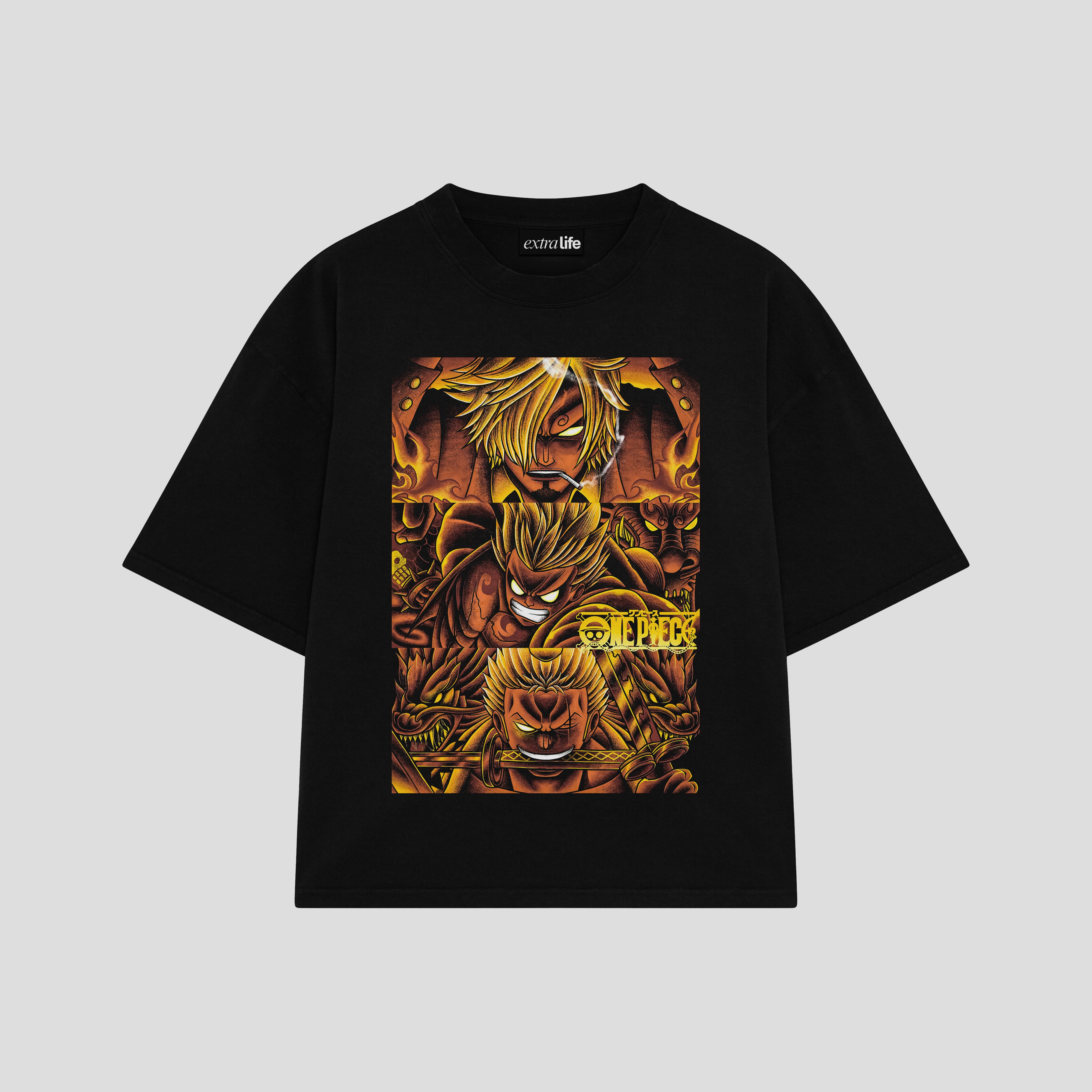 Playera streetwear premium de anime y gaming ExtraLife MX, corte boxy oversized drop shoulder heavyweight en color Deep Black y Off-White, moda urbana mexicana de culto.