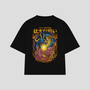 Playera streetwear premium de anime y gaming ExtraLife MX, corte boxy oversized drop shoulder heavyweight en color Deep Black y Off-White, moda urbana mexicana de culto.