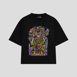 Playera streetwear premium de anime y gaming ExtraLife MX, corte boxy oversized drop shoulder heavyweight en color Deep Black y Off-White, moda urbana mexicana de culto.