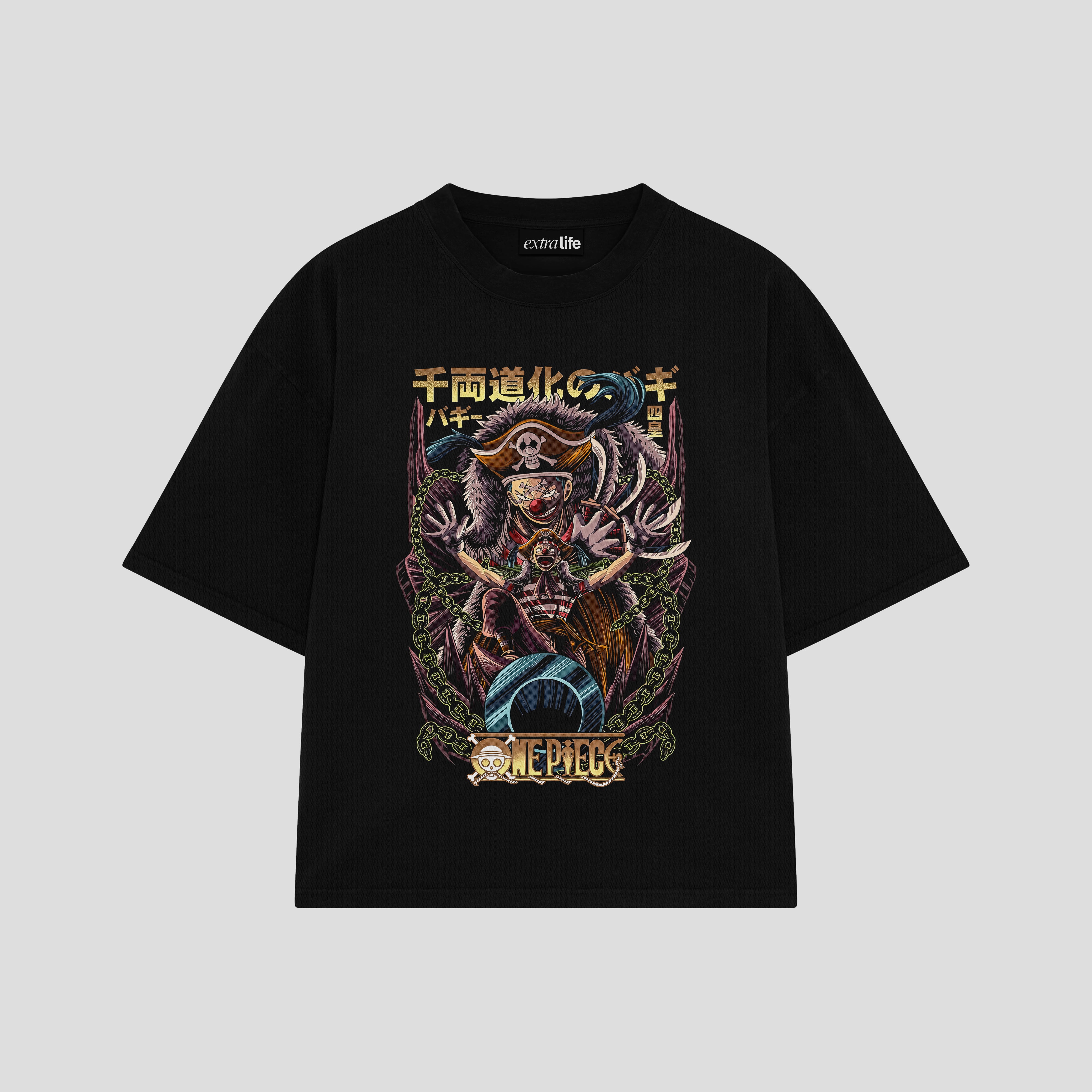 Playera streetwear premium de anime y gaming ExtraLife MX, corte boxy oversized drop shoulder heavyweight en color Deep Black y Off-White, moda urbana mexicana de culto.