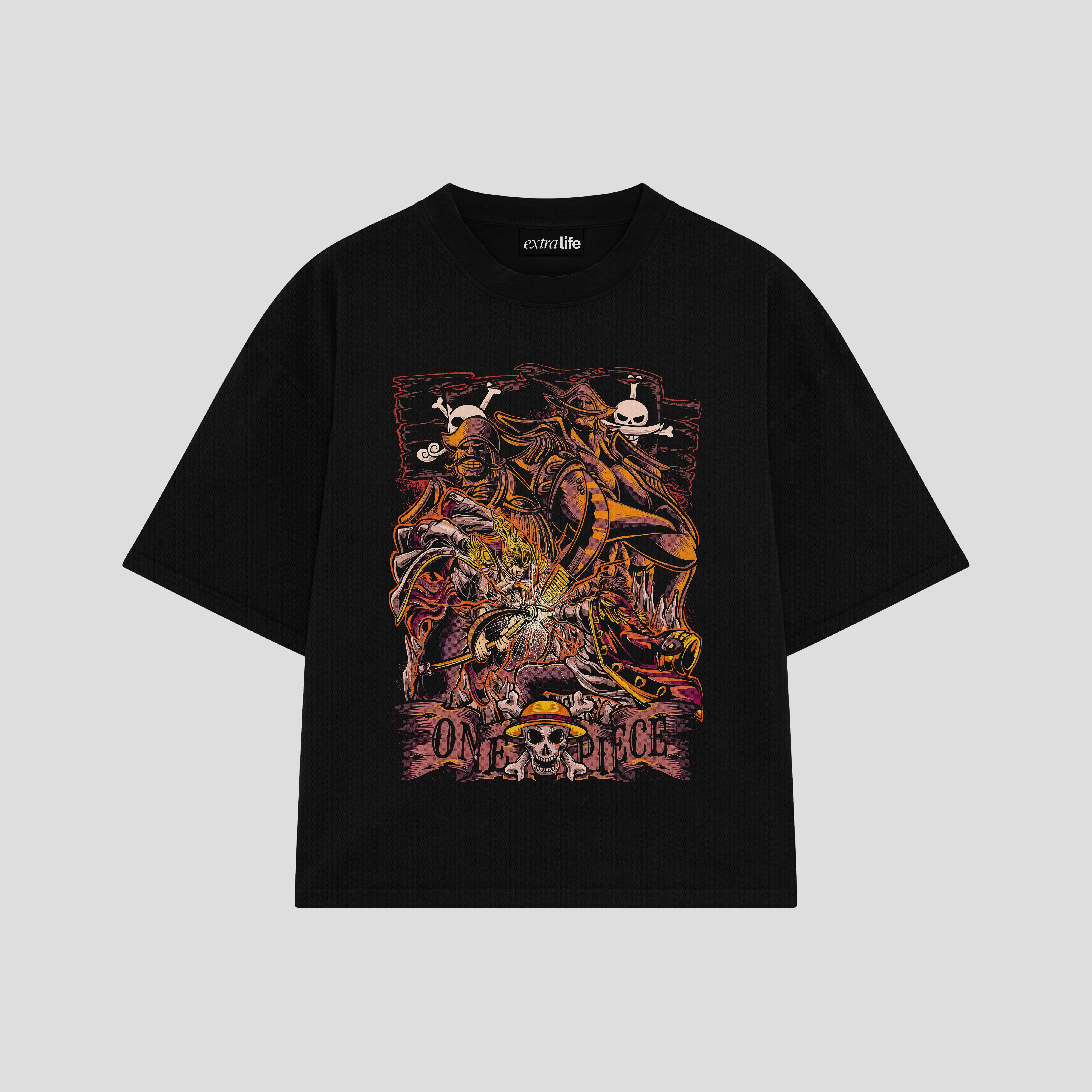Playera streetwear premium de anime y gaming ExtraLife MX, corte boxy oversized drop shoulder heavyweight en color Deep Black y Off-White, moda urbana mexicana de culto.