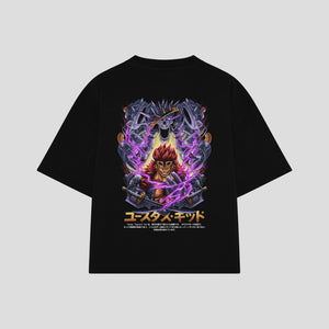 Playera streetwear premium de anime y gaming ExtraLife MX, corte boxy oversized drop shoulder heavyweight en color Deep Black y Off-White, moda urbana mexicana de culto.
