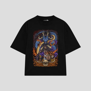 Playera streetwear premium de anime y gaming ExtraLife MX, corte boxy oversized drop shoulder heavyweight en color Deep Black y Off-White, moda urbana mexicana de culto.
