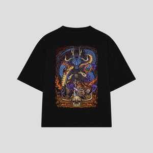 Playera streetwear premium de anime y gaming ExtraLife MX, corte boxy oversized drop shoulder heavyweight en color Deep Black y Off-White, moda urbana mexicana de culto.
