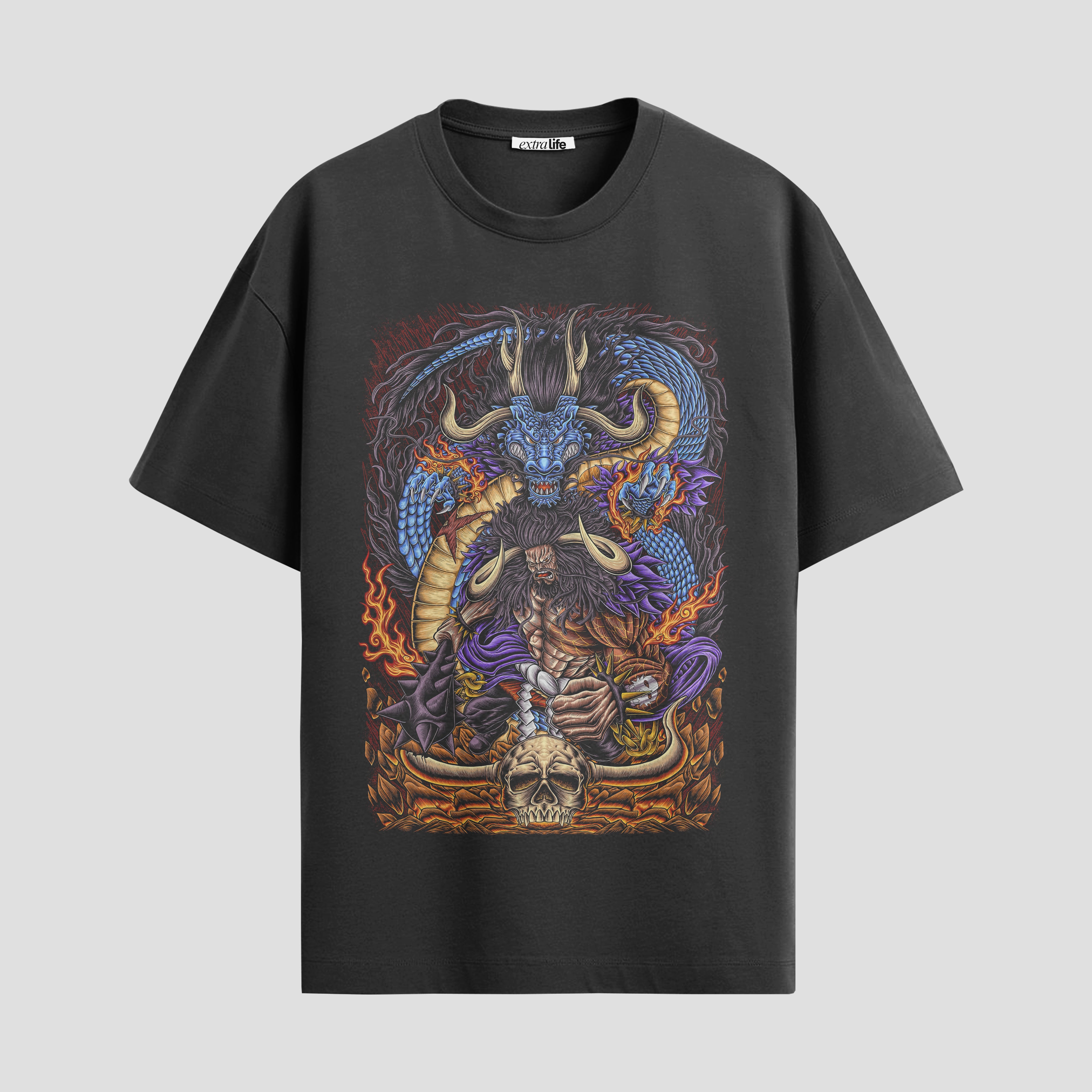 Playera urbana de anime y gaming ExtraLife MX, corte Standard Fit unisex ligero y transpirable en color Deep Black y Pure White, ropa de uso diario para gym y casual.