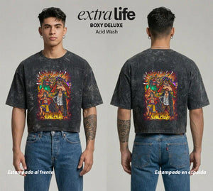 Playera streetwear premium de anime y gaming ExtraLife MX, corte boxy deluxe mineral wash heavyweight en color Acid Wash, moda urbana mexicana de culto.