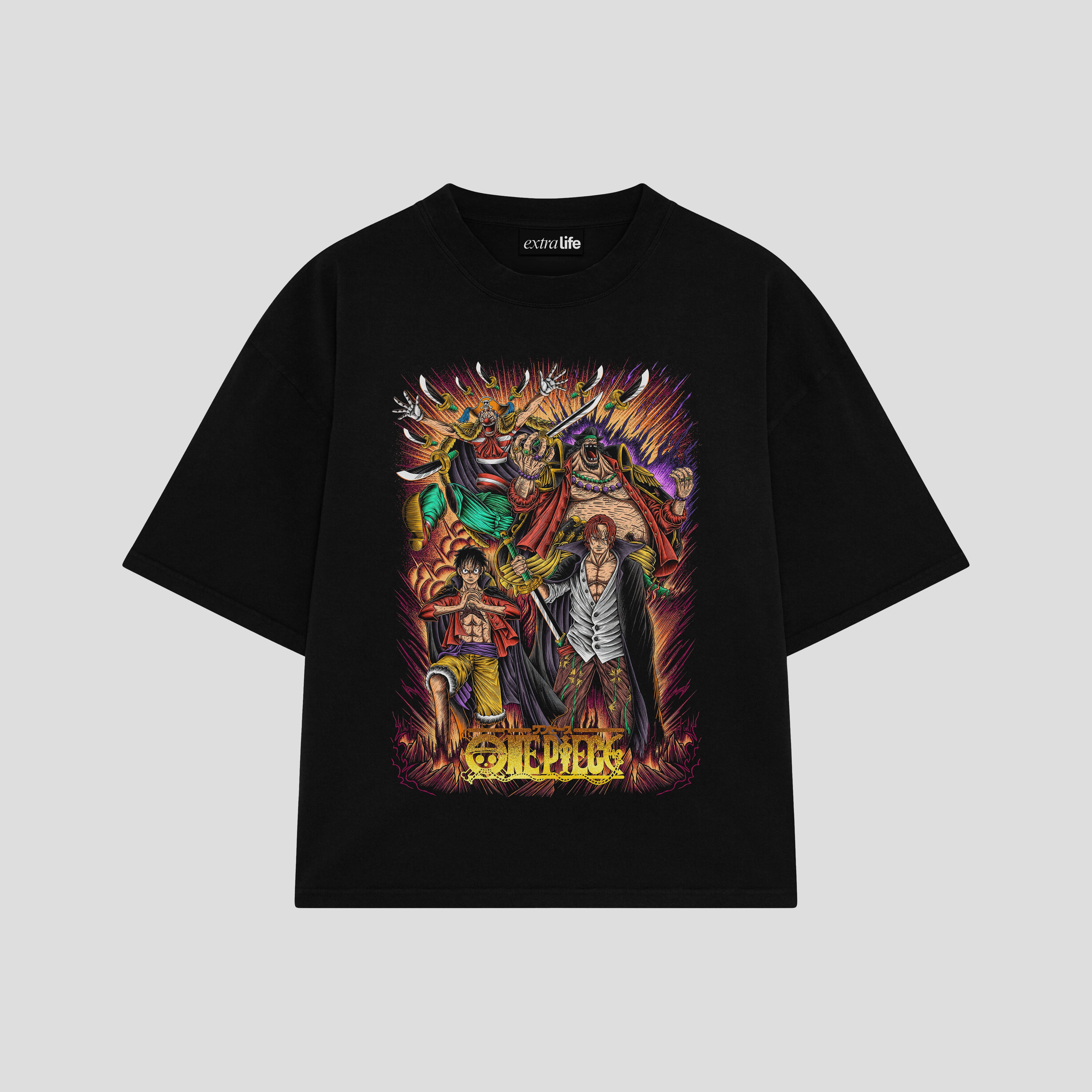 Playera streetwear premium de anime y gaming ExtraLife MX, corte boxy oversized drop shoulder heavyweight en color Deep Black y Off-White, moda urbana mexicana de culto.