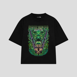 Playera streetwear premium de anime y gaming ExtraLife MX, corte boxy oversized drop shoulder heavyweight en color Deep Black y Off-White, moda urbana mexicana de culto.