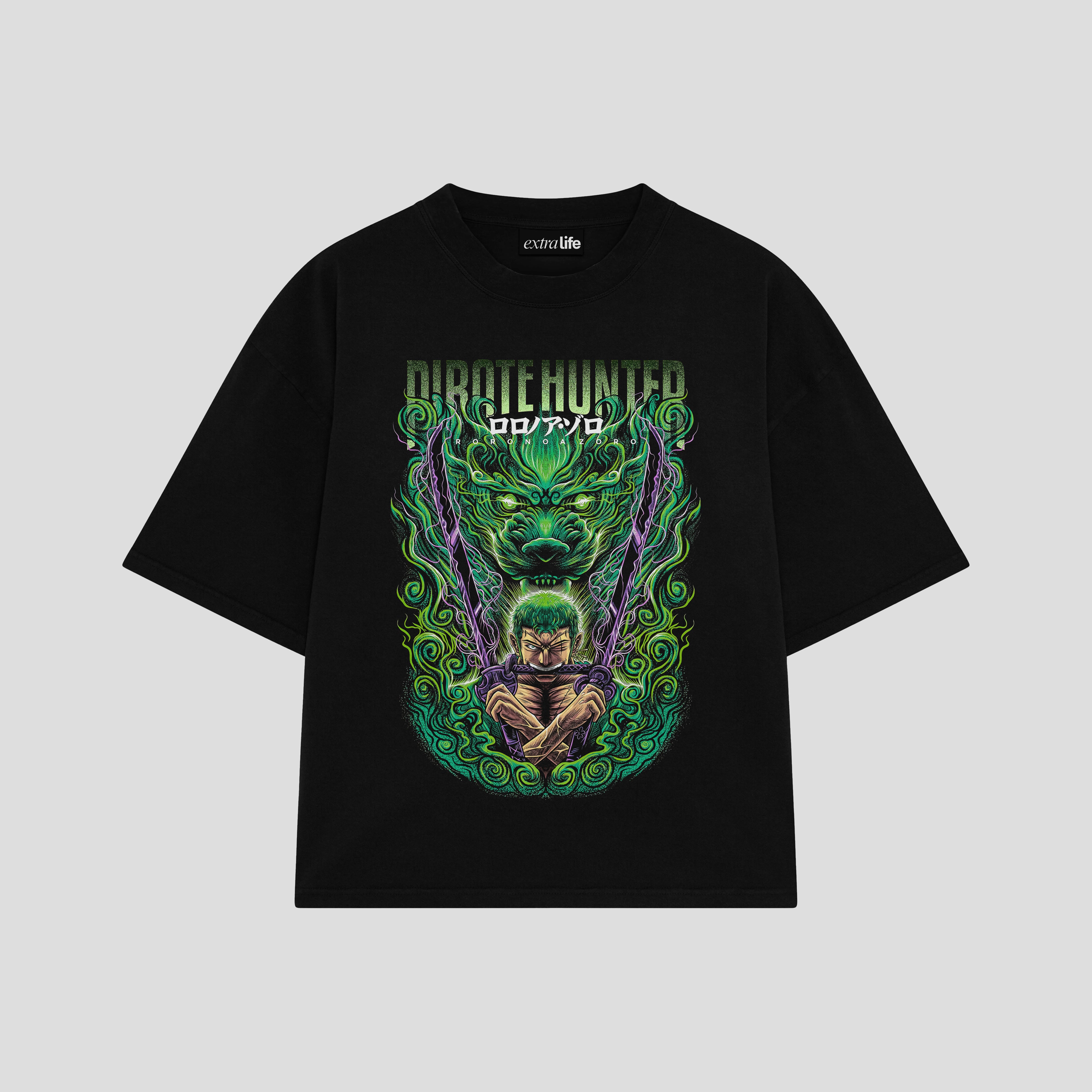 Playera streetwear premium de anime y gaming ExtraLife MX, corte boxy oversized drop shoulder heavyweight en color Deep Black y Off-White, moda urbana mexicana de culto.