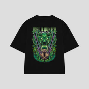 Playera streetwear premium de anime y gaming ExtraLife MX, corte boxy oversized drop shoulder heavyweight en color Deep Black y Off-White, moda urbana mexicana de culto.