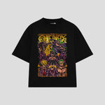 Playera streetwear premium de anime y gaming ExtraLife MX, corte boxy oversized drop shoulder heavyweight en color Deep Black y Off-White, moda urbana mexicana de culto.