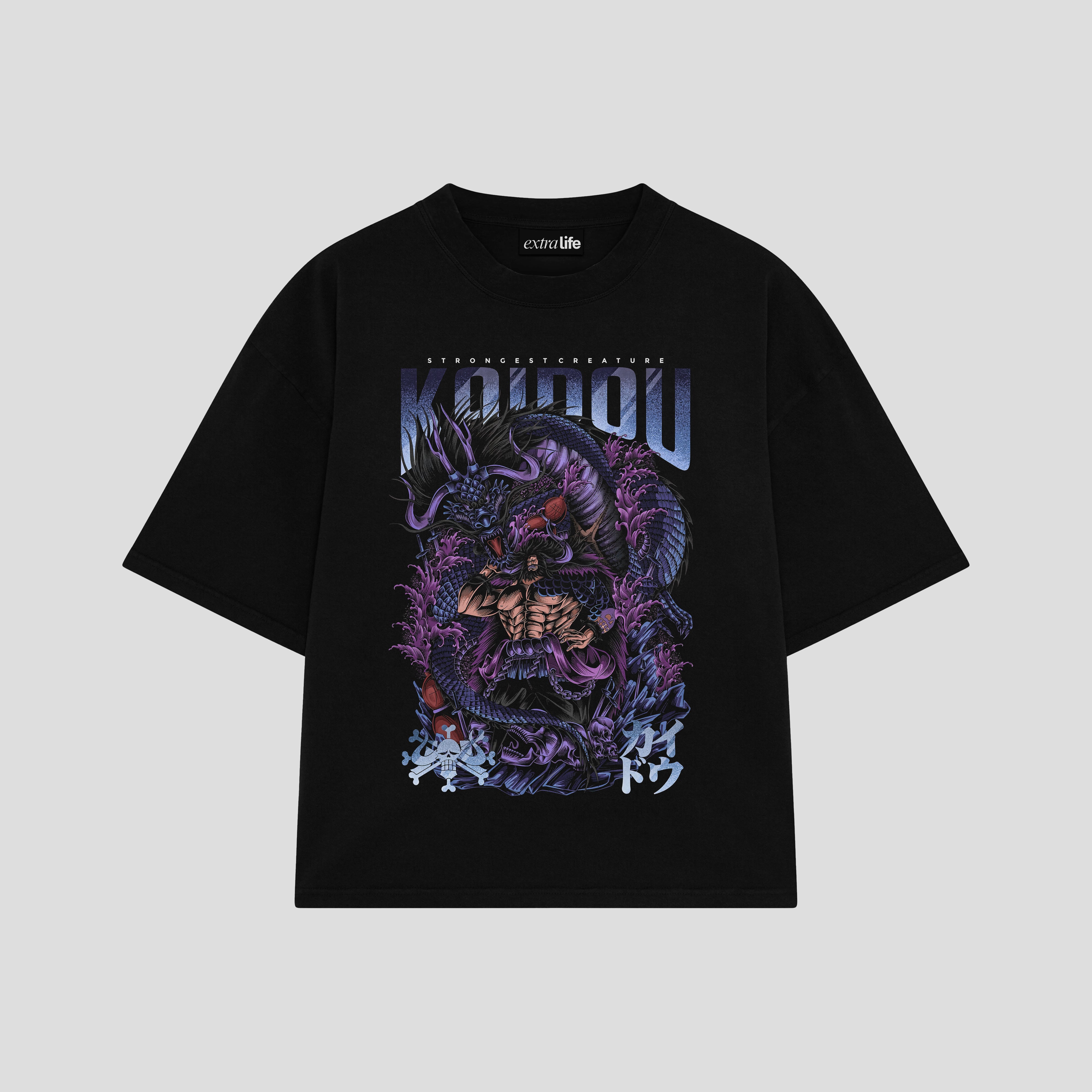 Playera streetwear premium de anime y gaming ExtraLife MX, corte boxy oversized drop shoulder heavyweight en color Deep Black y Off-White, moda urbana mexicana de culto.