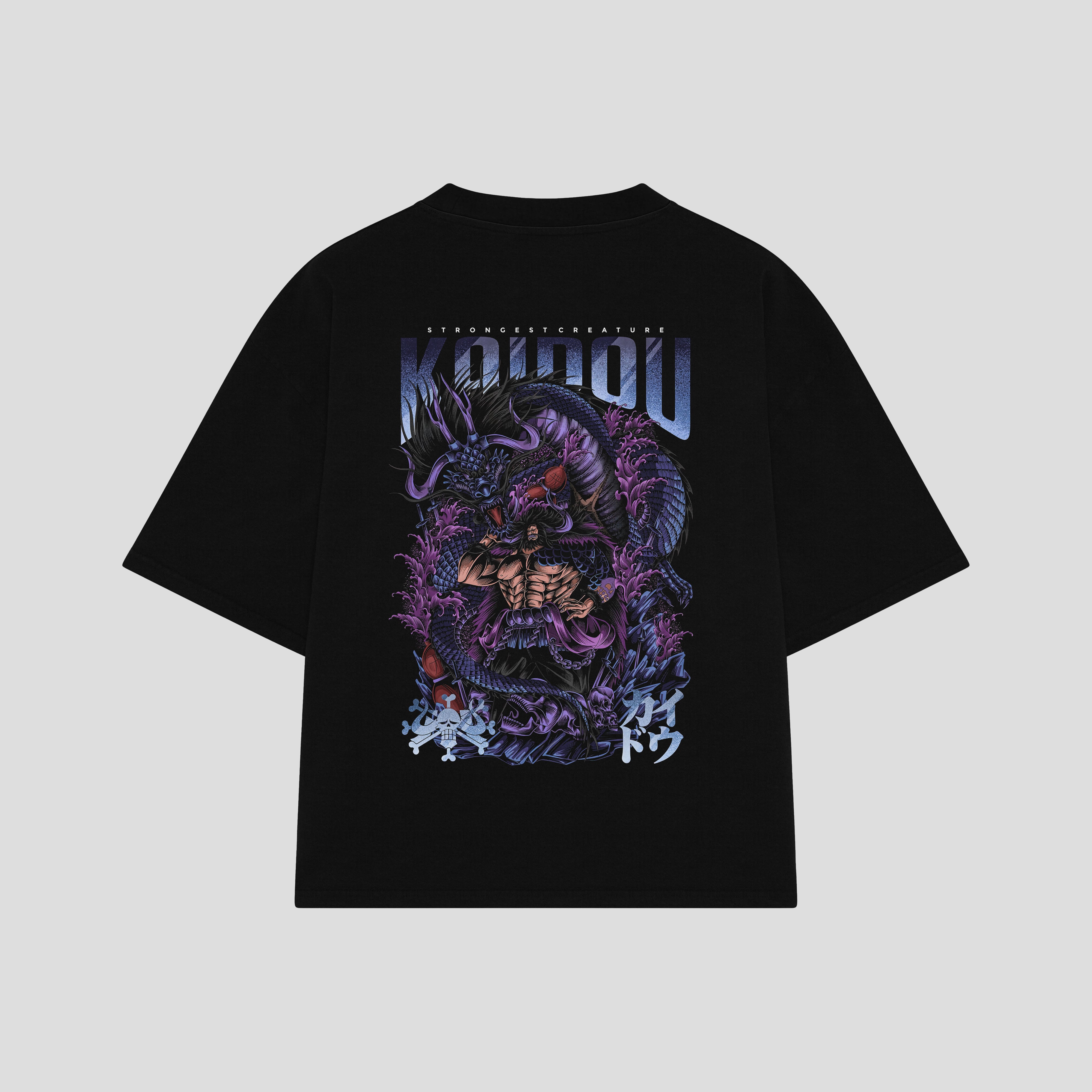 Playera streetwear premium de anime y gaming ExtraLife MX, corte boxy oversized drop shoulder heavyweight en color Deep Black y Off-White, moda urbana mexicana de culto.