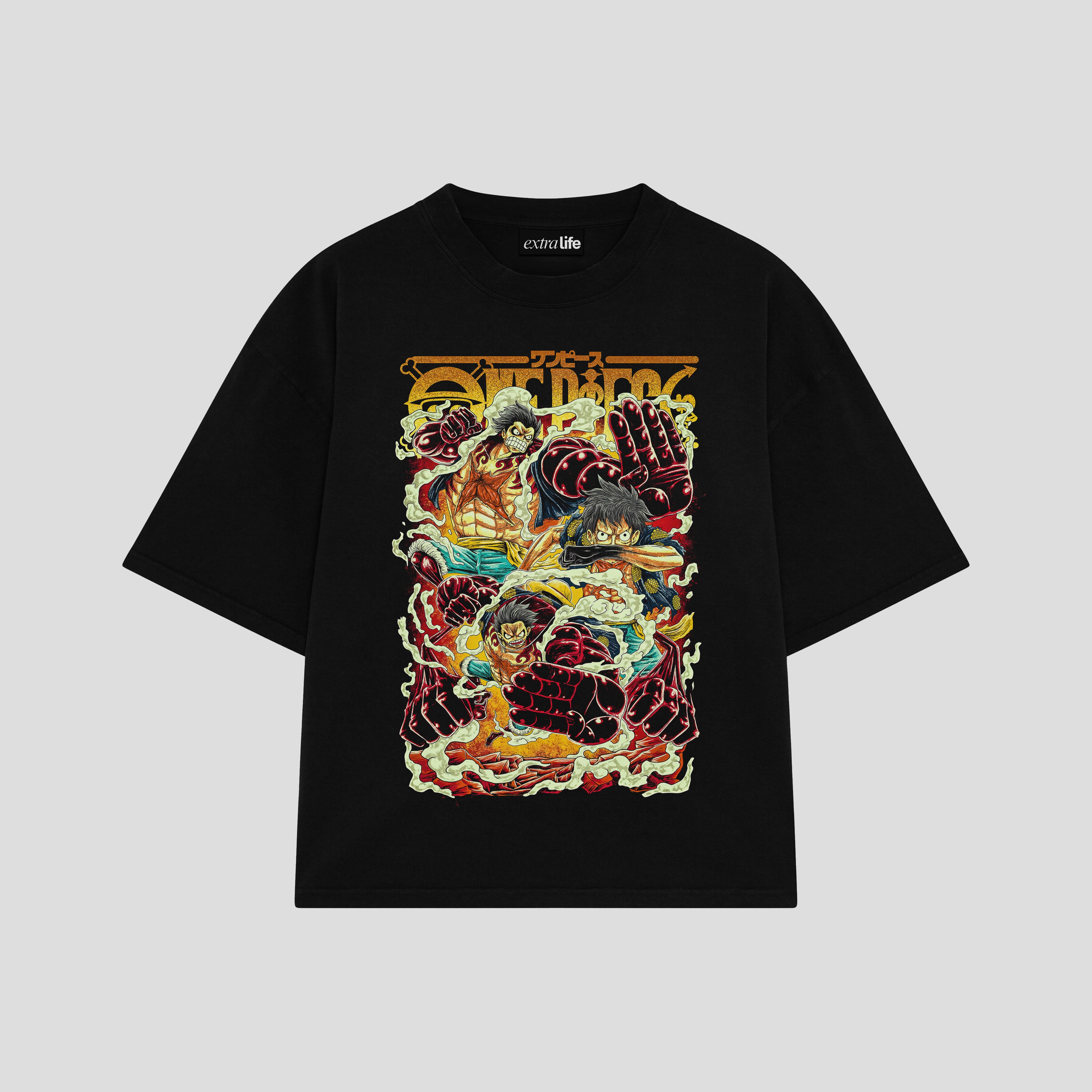 Playera streetwear premium de anime y gaming ExtraLife MX, corte boxy oversized drop shoulder heavyweight en color Deep Black y Off-White, moda urbana mexicana de culto.