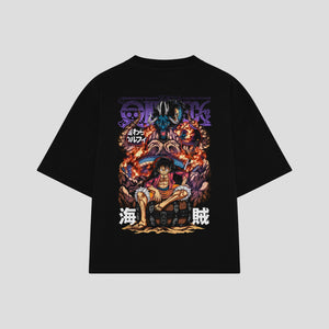 Playera streetwear premium de anime y gaming ExtraLife MX, corte boxy oversized drop shoulder heavyweight en color Deep Black y Off-White, moda urbana mexicana de culto.
