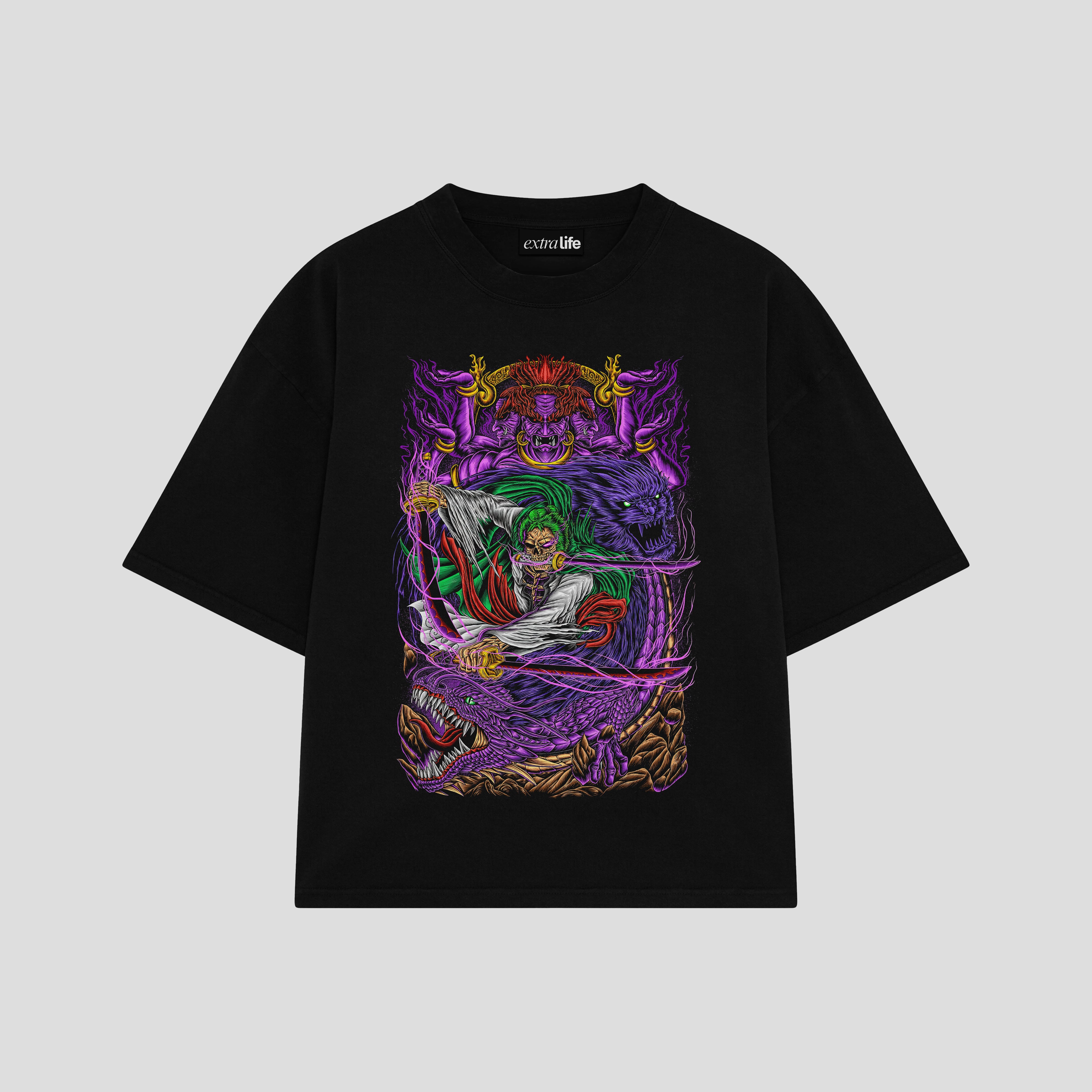 Playera streetwear premium de anime y gaming ExtraLife MX, corte boxy oversized drop shoulder heavyweight en color Deep Black y Off-White, moda urbana mexicana de culto.