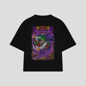 Playera streetwear premium de anime y gaming ExtraLife MX, corte boxy oversized drop shoulder heavyweight en color Deep Black y Off-White, moda urbana mexicana de culto.